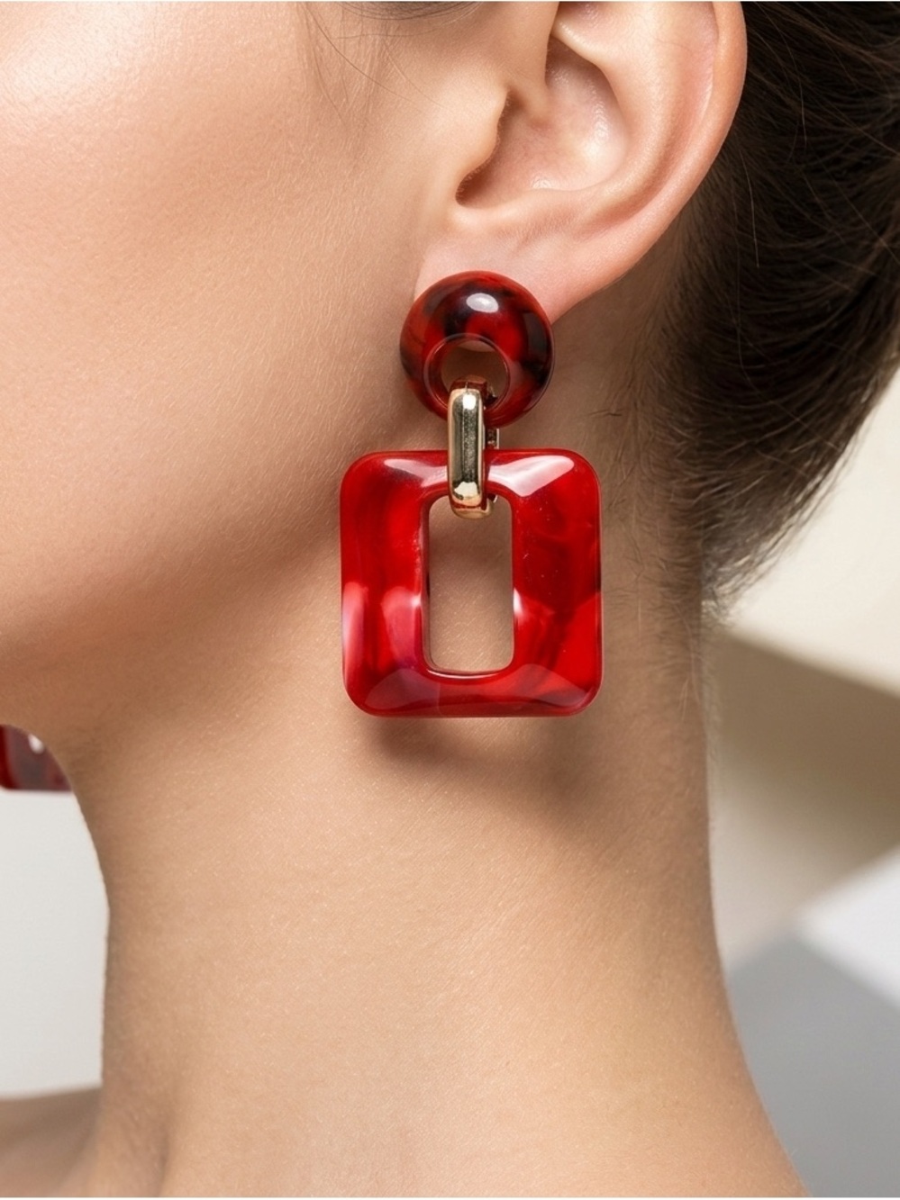 Red Geometric Door Knocker Earrings | Acrylic Gold Link Dangle